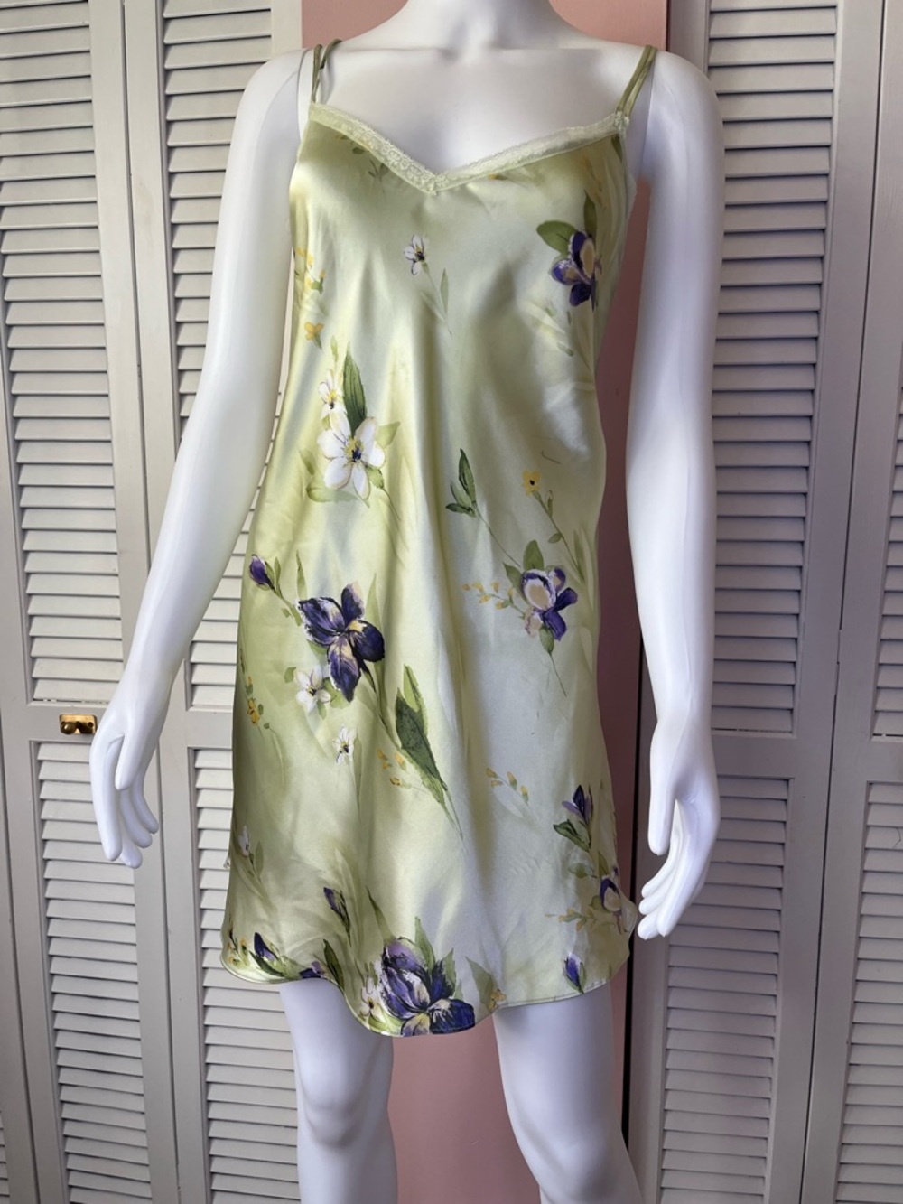 Light Green Floral Satin Slip with Lace Trim
